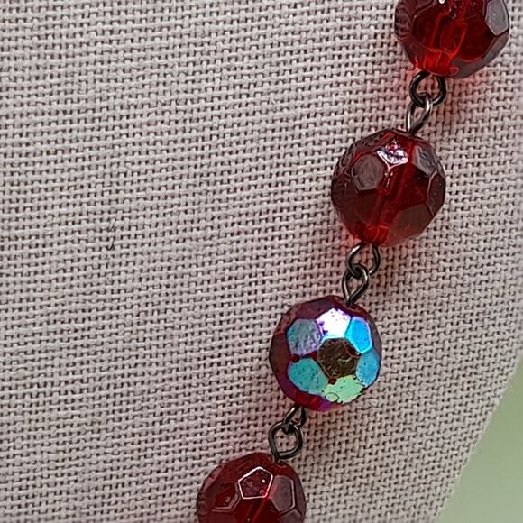 Vintage Czech Red Fire Polished Bead Necklace 42” Wire Wrapped No Clasp Jewelry - Picture 8 of 9